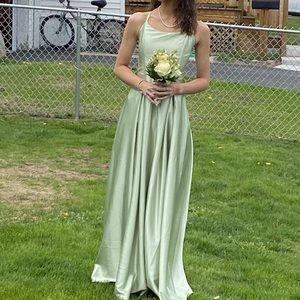 light green satin ball gown prom dress